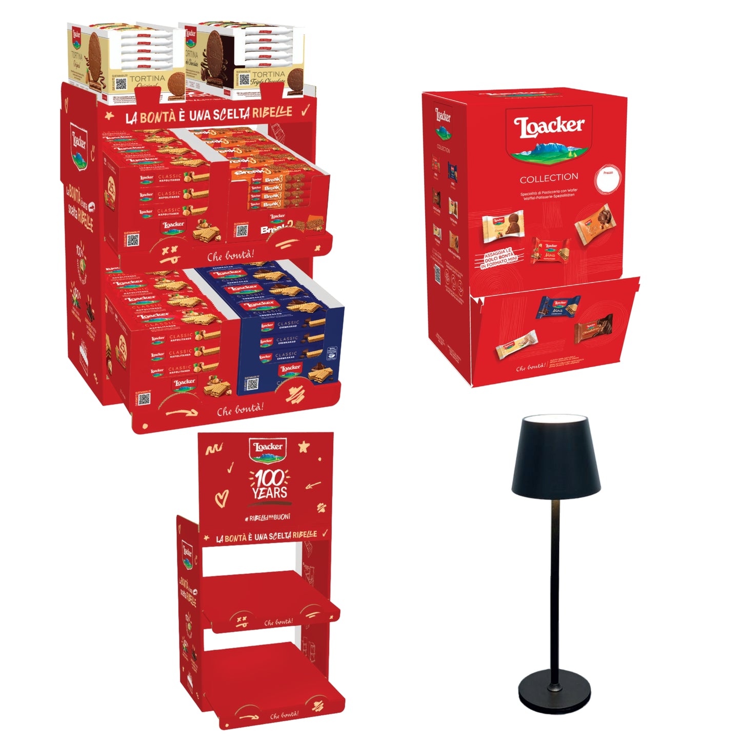 Loacker Mix da Banco con Wafer, Break3, Tortina e Minis + Espositore e Lampada USB in omaggio (283PZ)