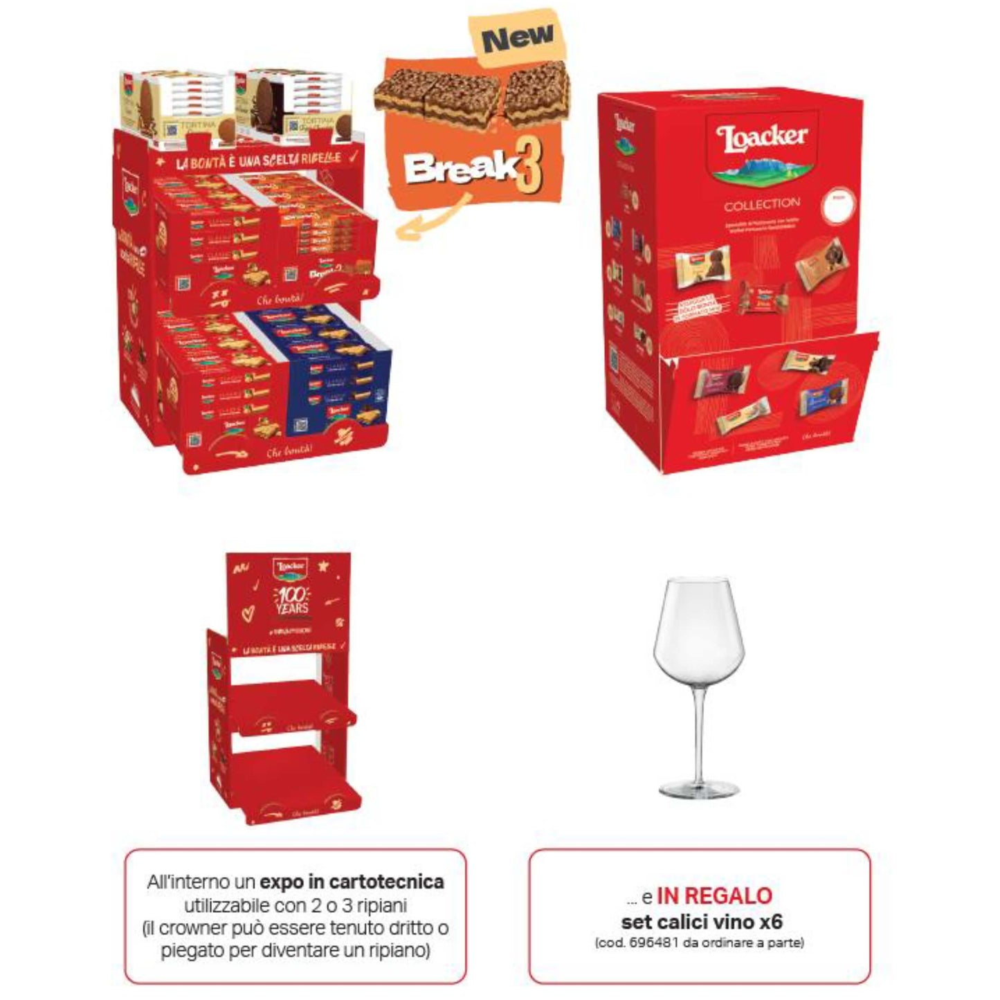 Espositore da banco Loacker 250pz snack assortiti con set 6 calici da vino in cartotecnica