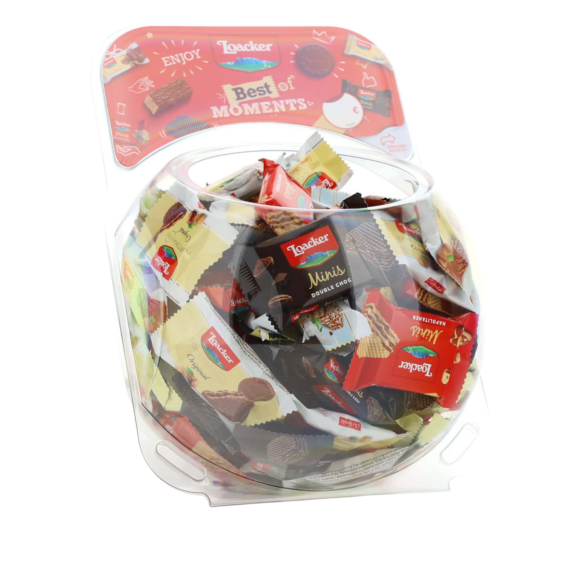 Bolla trasparente Loacker Best of Moments 701g con 140 pezzi assortiti wafer e snack al cioccolato