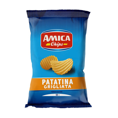 Confezione da 50g patatine Amica Chips Grigliata con taglio ondulato per croccantezza extra
