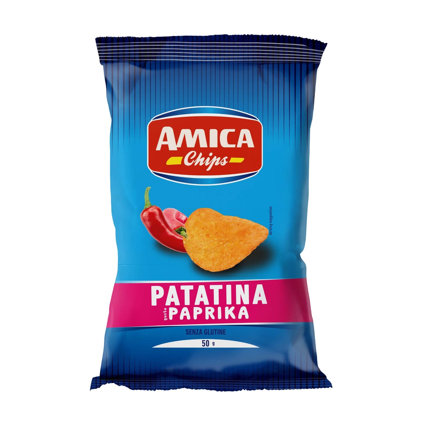 Confezione da 50g patatine Amica Chips Paprika croccanti con aroma speziato e affumicato di paprika
