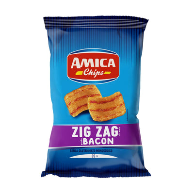 Amica Chips Zig Zag Snack Bacon 35g, sacchetto di snack di mais e riso aromatizzato al gusto bacon affumicato