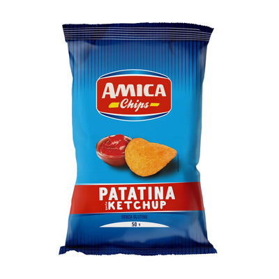 Confezione da 50g patatine Amica Chips Ketchips dorate e croccanti al gusto ketchup