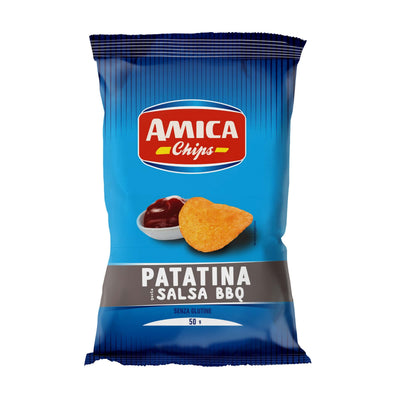 Confezione da 50g di patatine Amica Chips BBQ croccanti e dorate con aroma barbecue affumicato