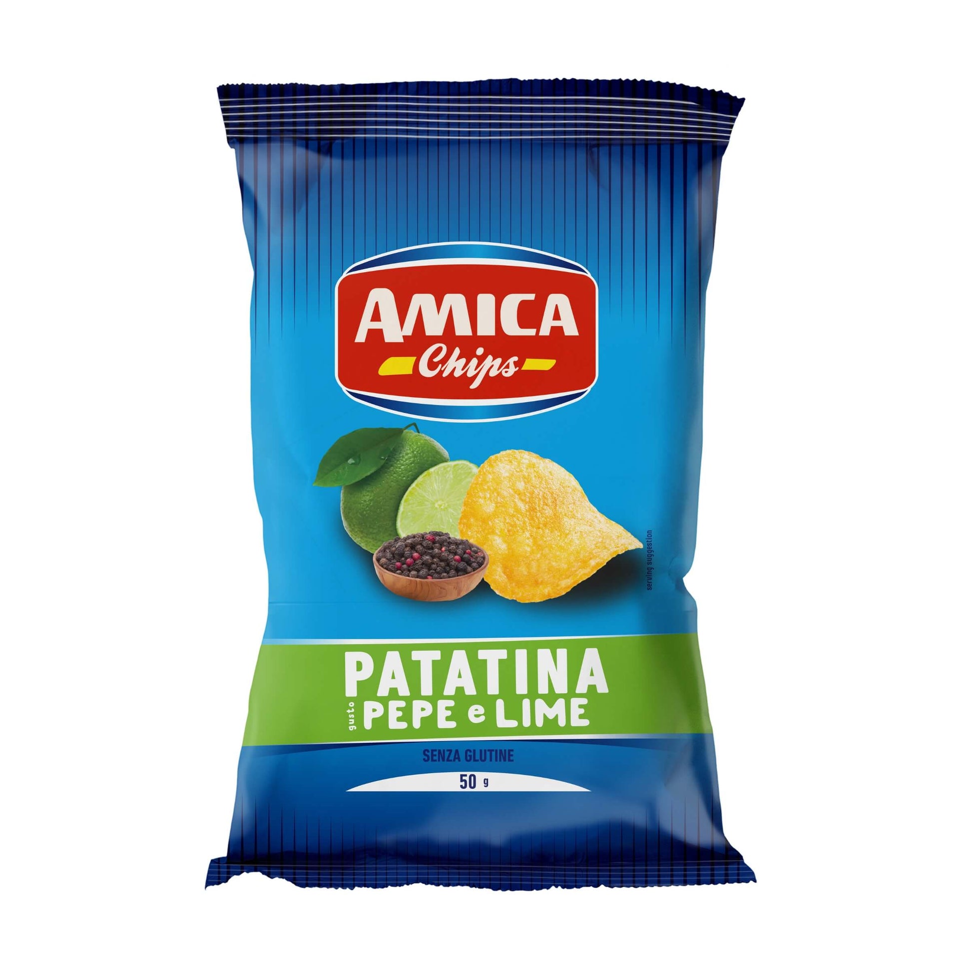Confezione da 50g patatine Amica Chips Pepe e Lime con gusto piccante del pepe e freschezza del lime
