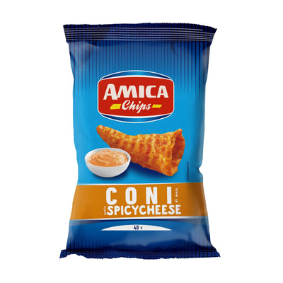 Confezione da 40g snack a cono Amica Chips Spicy Cheese al gusto formaggio piccante con farina di mais