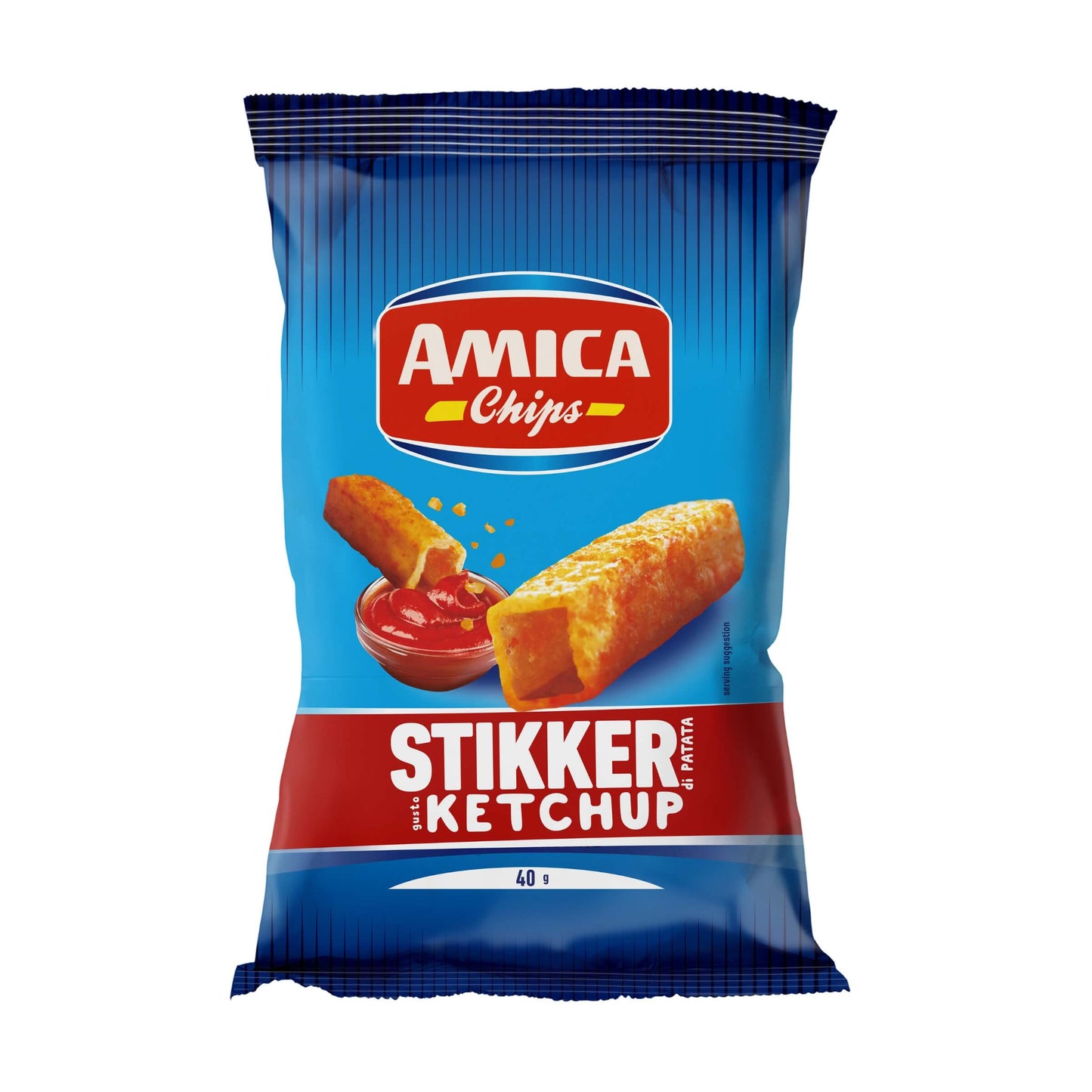 Confezione da 40g snack Amica Chips Stikker Ketchup 3D in forma tridimensionale unica con aroma ketchup