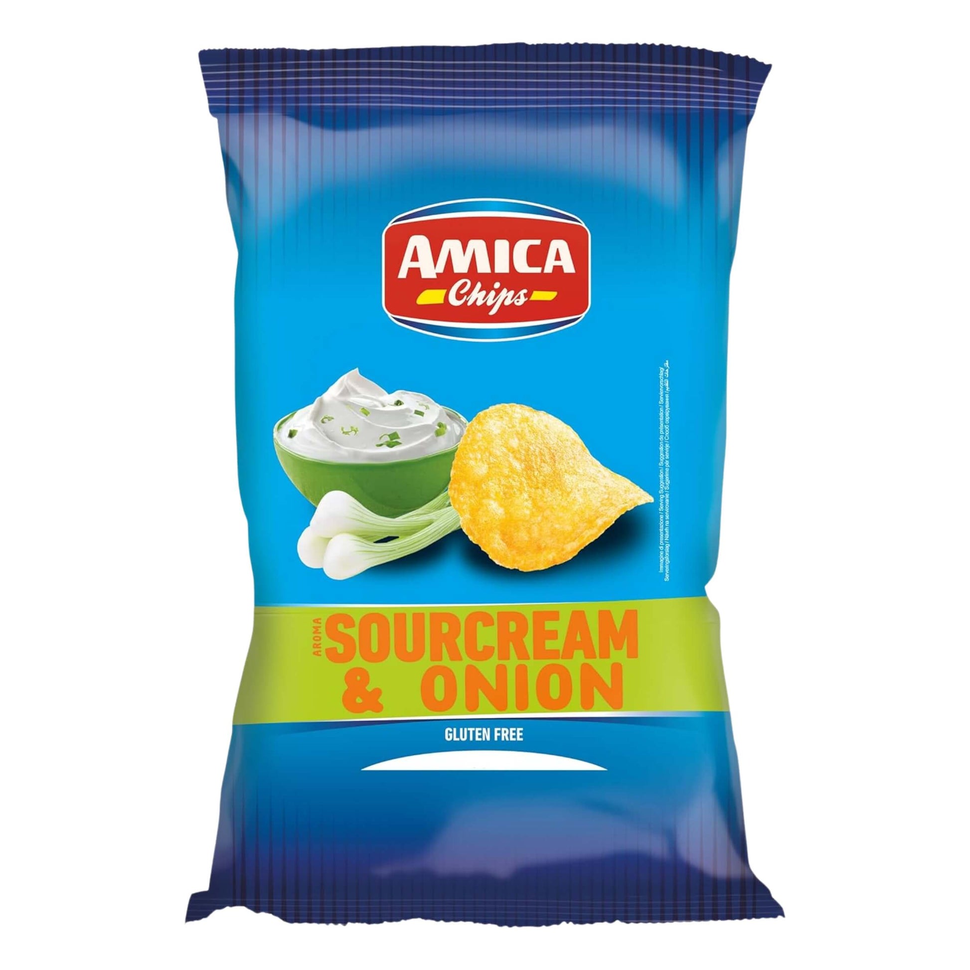 Confezione da 50g patatine Amica Chips Sour Cream e Onion dorate con gusto panna acida e cipolla