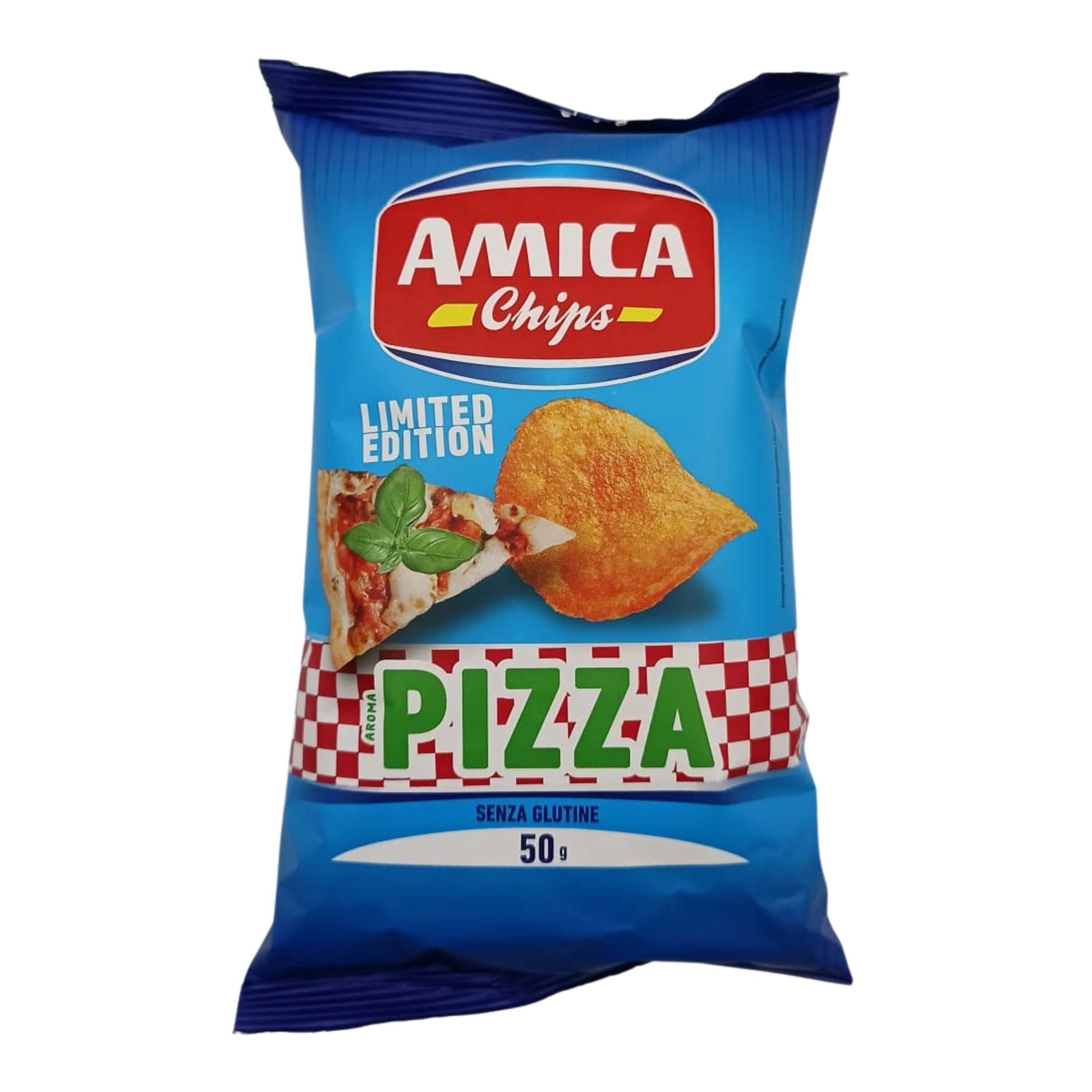 Confezione 50g patatine Amica Chips Pizza edizione limitata con aroma di formaggio, pomodoro ed erbe aromatiche