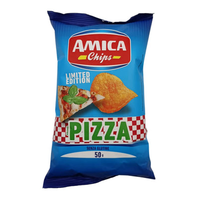 Confezione 50g patatine Amica Chips Pizza edizione limitata con aroma di formaggio, pomodoro ed erbe aromatiche
