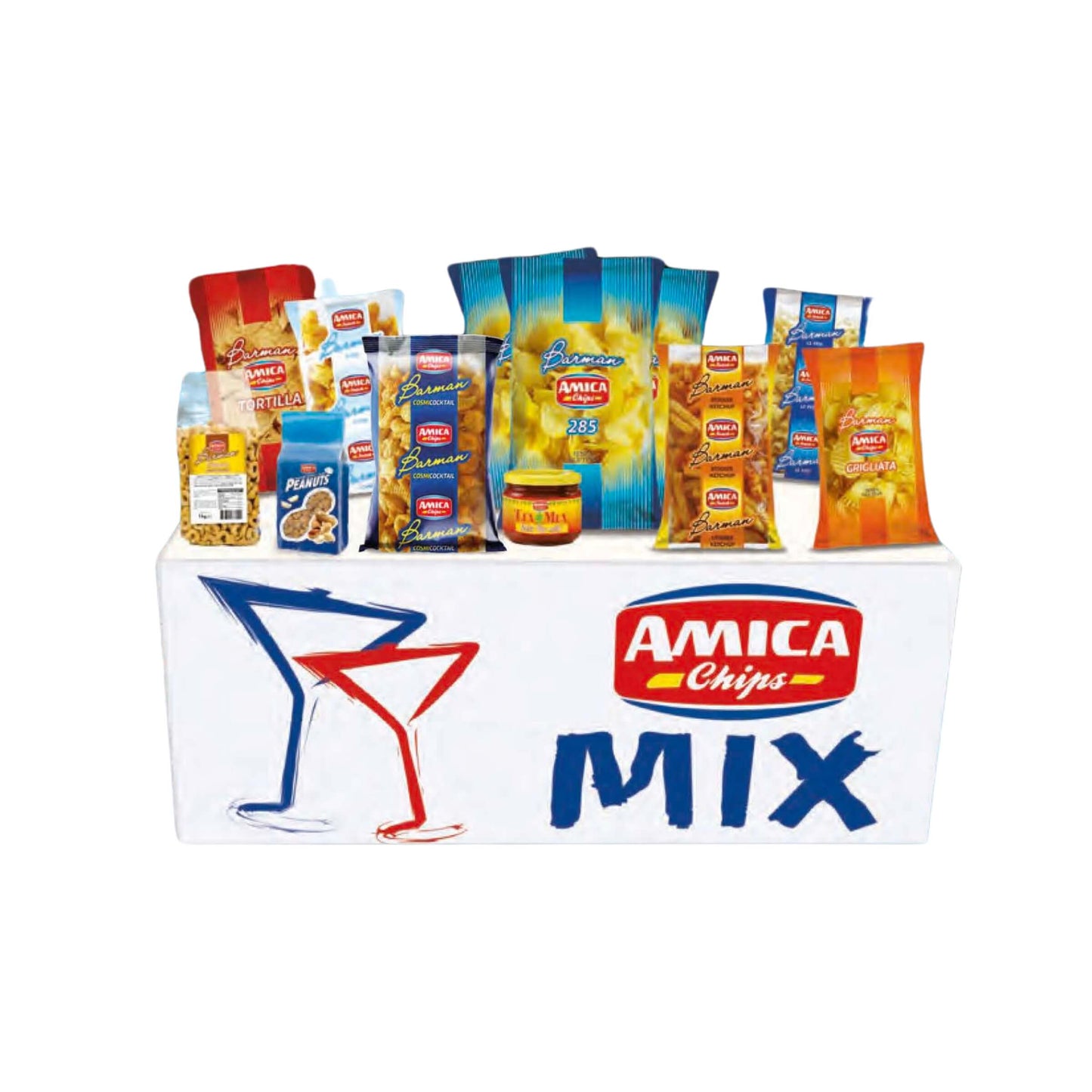 Cartone misto Amica Chips da 16 confezioni assortite di chips e snack per bar e ristorazione
