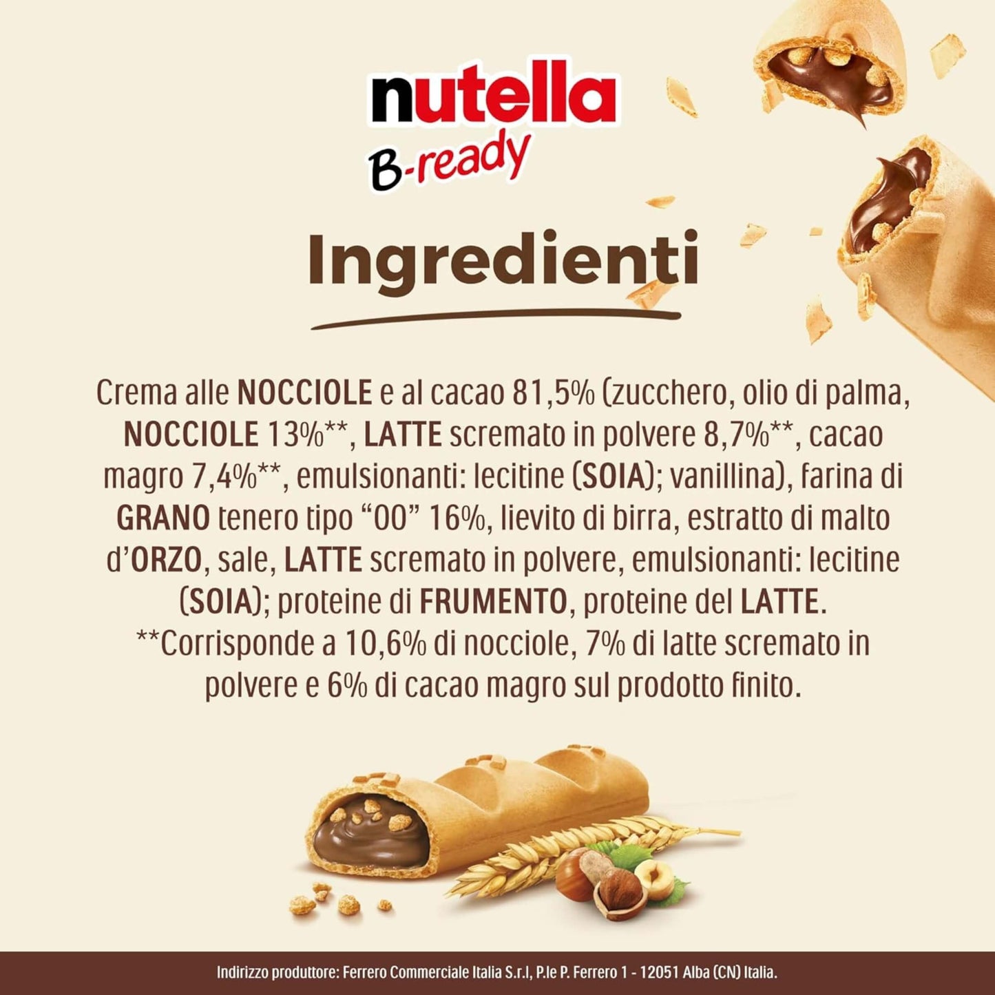 Ferrero Nutella B-ready T1 Snack Cialda Croccante Ripiena con Crema alla Nocciola e Cacao 22 g (36PZ)