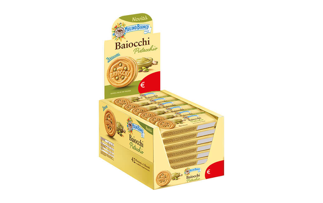 Confezione Baiocchi Mulino Bianco monoporzione pistacchio 28 gr, box da 42 pezzi
