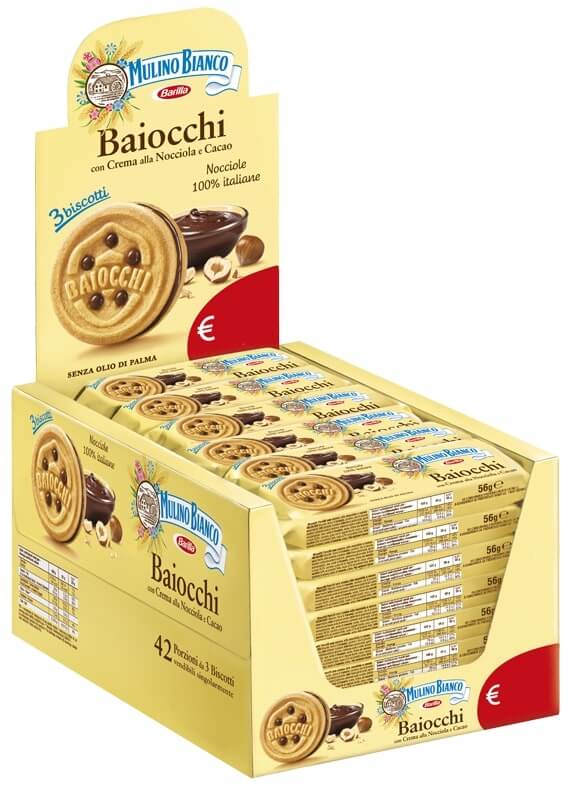 Confezione Baiocchi Mulino Bianco monoporzione nocciola 28 gr, box da 42 pezzi