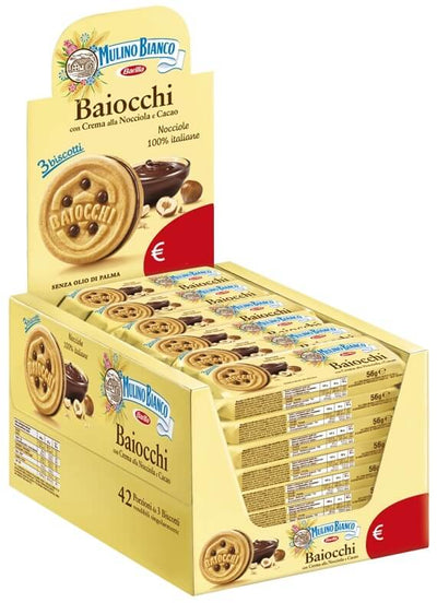 Confezione Baiocchi Mulino Bianco monoporzione nocciola 28 gr, box da 42 pezzi