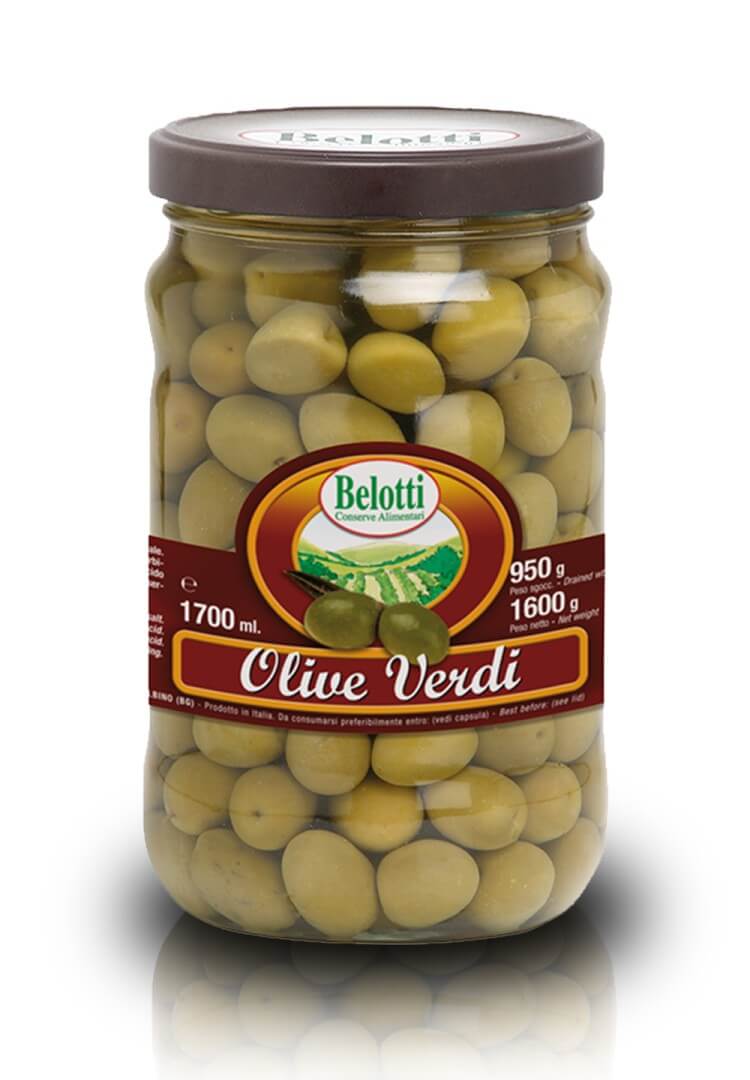Belotti Vaso Olive Verdi 1700 ml in acqua e sale, peso netto 1600 g, etichetta frontale