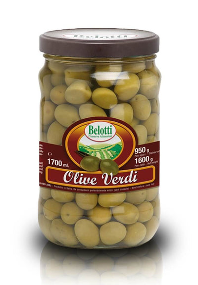 Belotti Vaso Olive Verdi 1700 ml in acqua e sale, peso netto 1600 g, etichetta frontale
