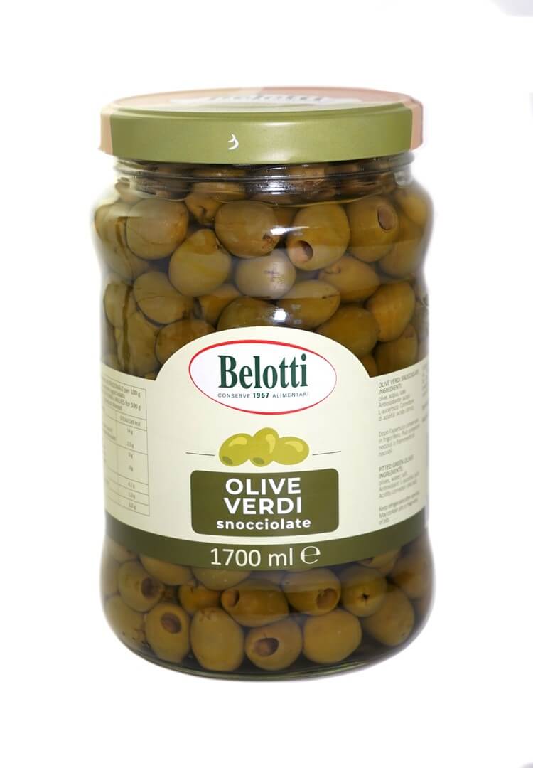 Belotti Vaso Olive Verdi Snocciolate 1700 ml in acqua e sale, peso netto 1600 g, etichetta frontale
