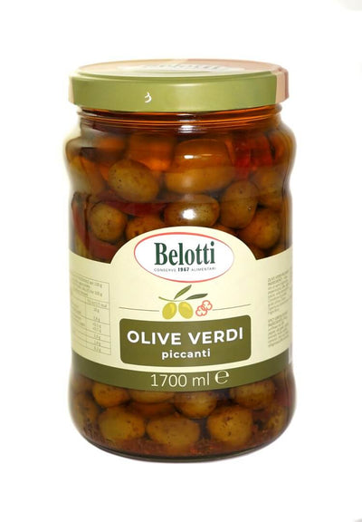 Belotti Vaso Olive Verdi Condite al Peperoncino 1700 ml in olio girasole con aglio e spezie, etichetta