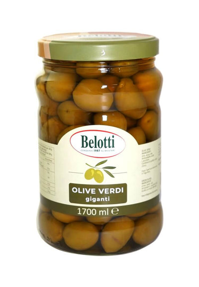 Belotti Vaso Olive Verdi Giganti 1700 ml, polpa croccante in acqua e sale, etichetta frontale
