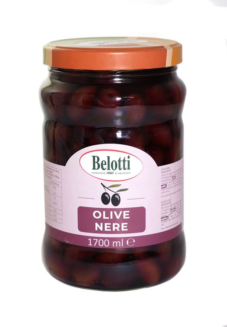 Belotti Vaso Olive Nere Kalamata 1700 ml, olive greche in aceto balsamico e olio d'oliva, etichetta