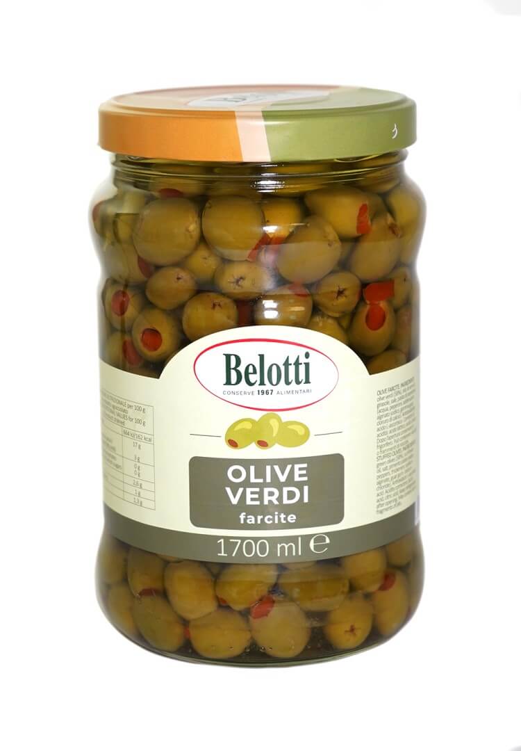 Belotti Vaso Olive Verdi Farcite ai Peperoni 1700 ml, olive snocciolate con pasta peperoni, etichetta