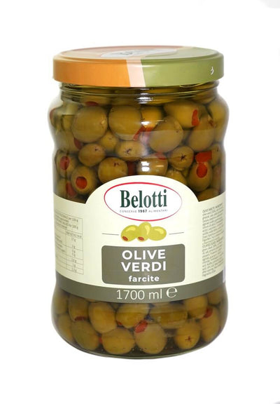 Belotti Vaso Olive Verdi Farcite ai Peperoni 1700 ml, olive snocciolate con pasta peperoni, etichetta