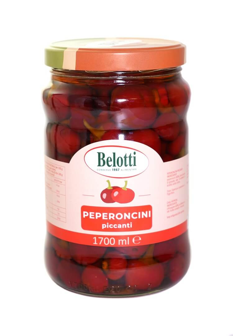Belotti Vaso Peperoncini Ciliegino Piccanti 1700 ml in olio girasole, etichetta frontale