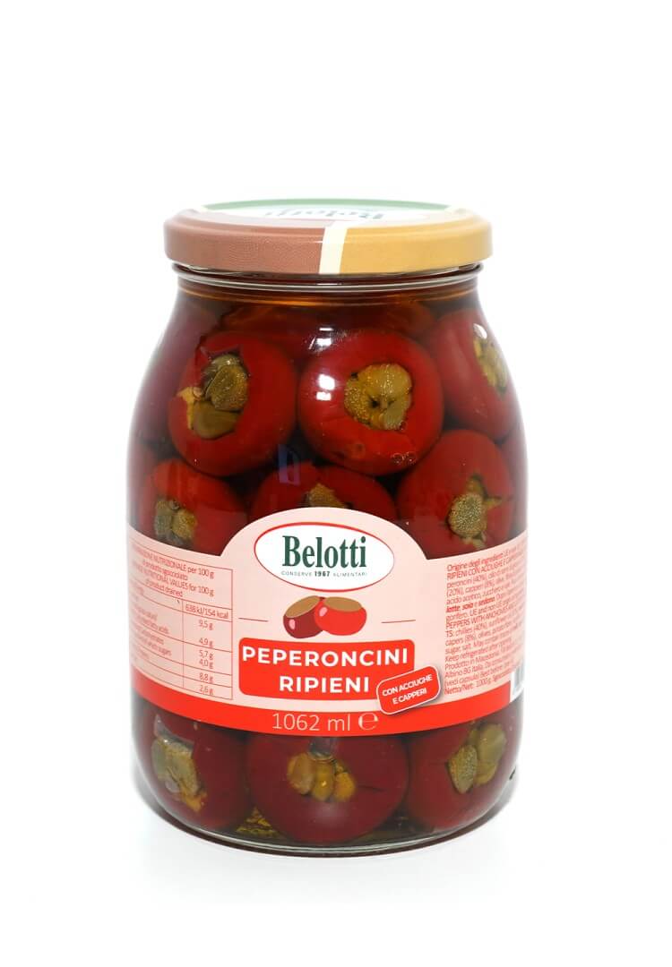 Belotti Vaso Peperoncini Ripieni Capperi e Acciughe 1062 ml, peperoncini ciliegino denocciolati farciti, etichetta