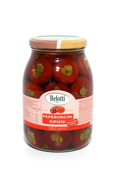 Belotti Vaso Peperoncini Ripieni Capperi e Acciughe 1062 ml, peperoncini ciliegino denocciolati farciti, etichetta