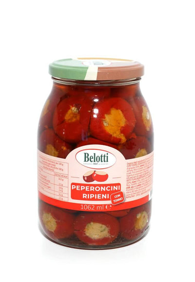 Belotti Vaso Peperoncini Ripieni Tonno Olio Girasole 1062 ml, peperoncini ciliegino denocciolati, etichetta