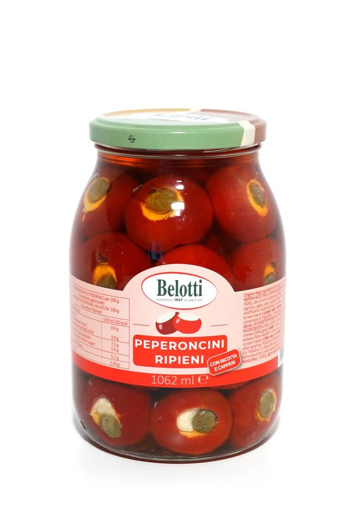 Belotti Vaso Peperoncini Ripieni Ricotta e Capperi 1062 ml, ripieno ricotta latte caprino, etichetta
