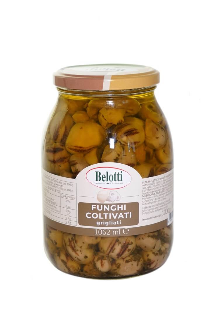 Belotti Vaso Funghi Champignon Grigliati 1062 ml in olio girasole con aglio, etichetta frontale