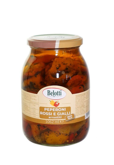 Belotti Vaso Peperoni Grigliati Senza Pelle 1062 ml in olio girasole con aglio e prezzemolo, etichetta