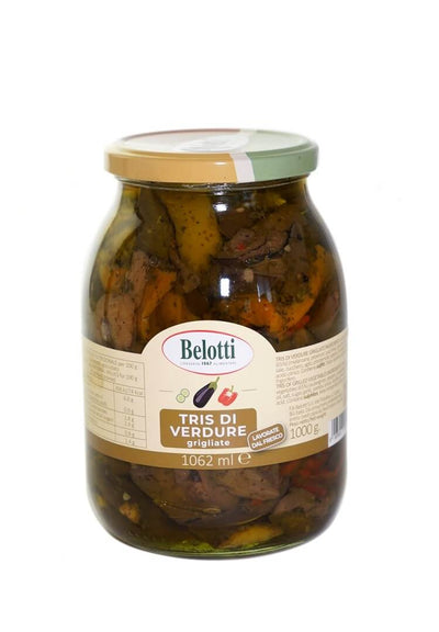 Belotti Vaso Tris Verdure Grigliate 1062 ml, melanzane peperoni e zucchine in olio girasole, etichetta