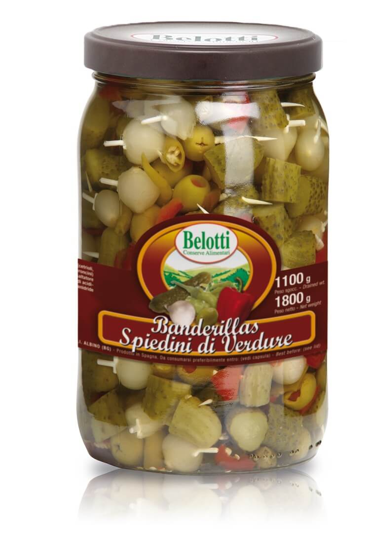 Belotti Vaso Spiedini Banderillas Verdure 2020 ml, mix cetrioli olive peperoni e cipolline, etichetta