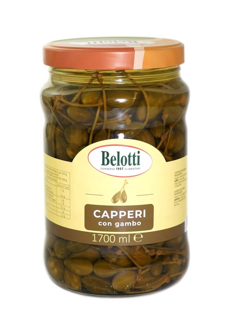 Belotti Vaso Capperi con Gambo 1700 ml: boccioli di cappero in aceto, etichetta frontale