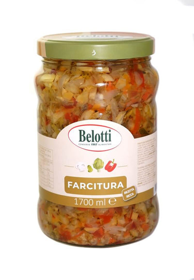 Belotti Vaso Farcitura Toast Olio Semi 1700 ml con mix verdure carciofi e peperoni, etichetta