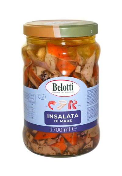 Belotti Vaso Insalata di Mare 1700 ml con totano, seppie, polpo e gamberi in olio, etichetta