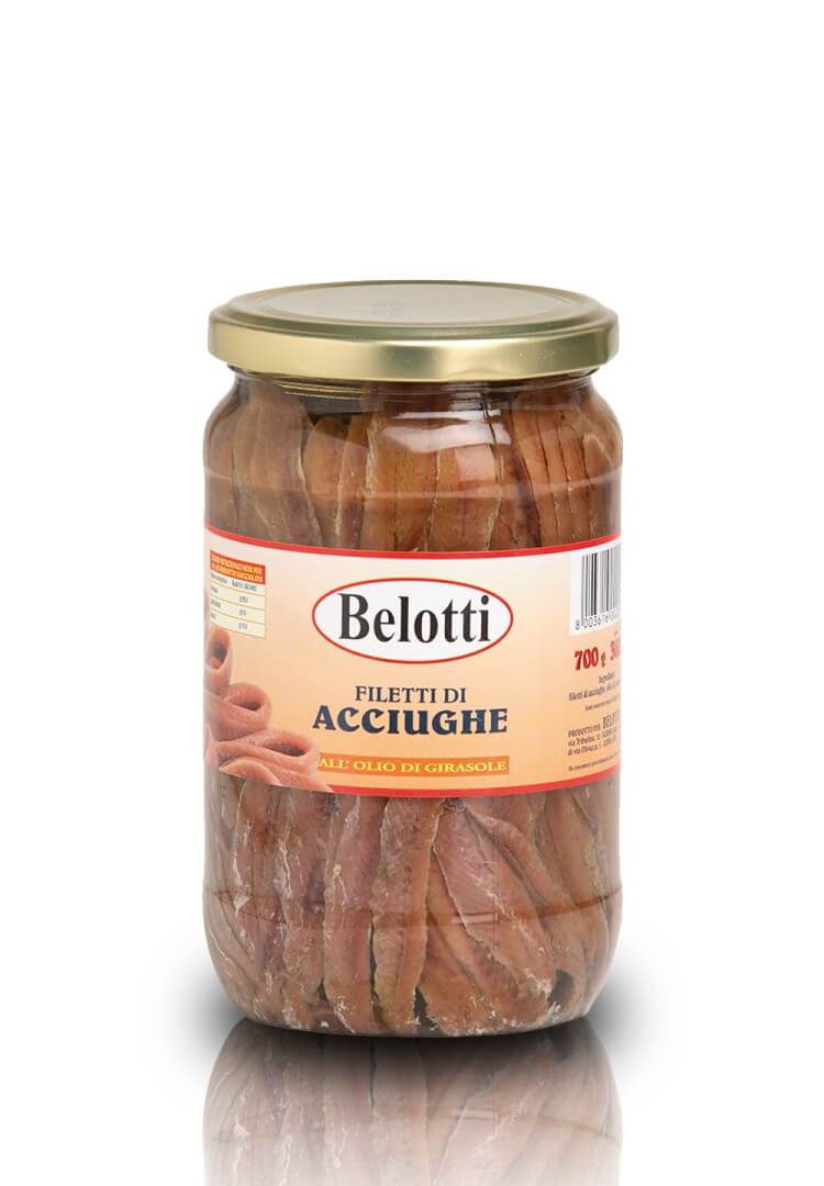 Belotti Vaso Filetti di Acciughe Olio Girasole 720 ml, acciughe filettate in olio, etichetta