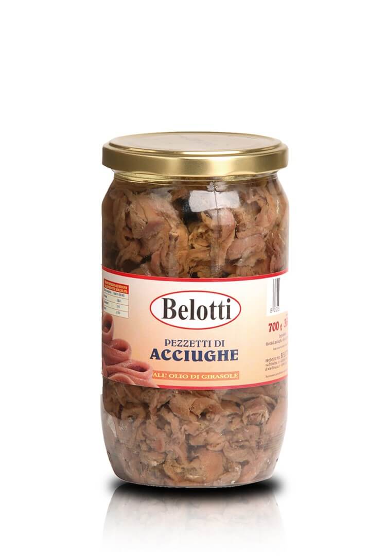 Belotti Vaso Pezzetti di Acciughe in Olio Girasole 720 ml, acciughe filettate con sale, etichetta