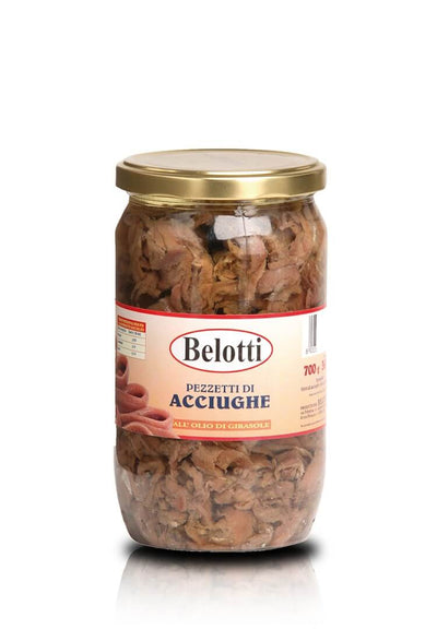 Belotti Vaso Pezzetti di Acciughe in Olio Girasole 720 ml, acciughe filettate con sale, etichetta