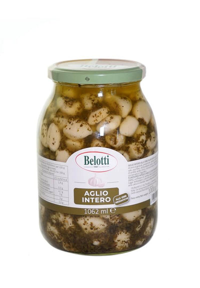 Belotti Vaso Aglio Intero Aromatizzato Olio Girasole 1062 ml con prezzemolo ed erbe, etichetta