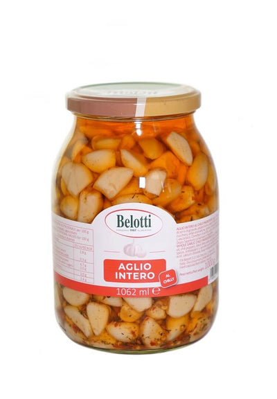 Belotti Vaso Aglio Intero al Chilly 1062 ml: spicchi con peperoncino e olive nere, etichetta