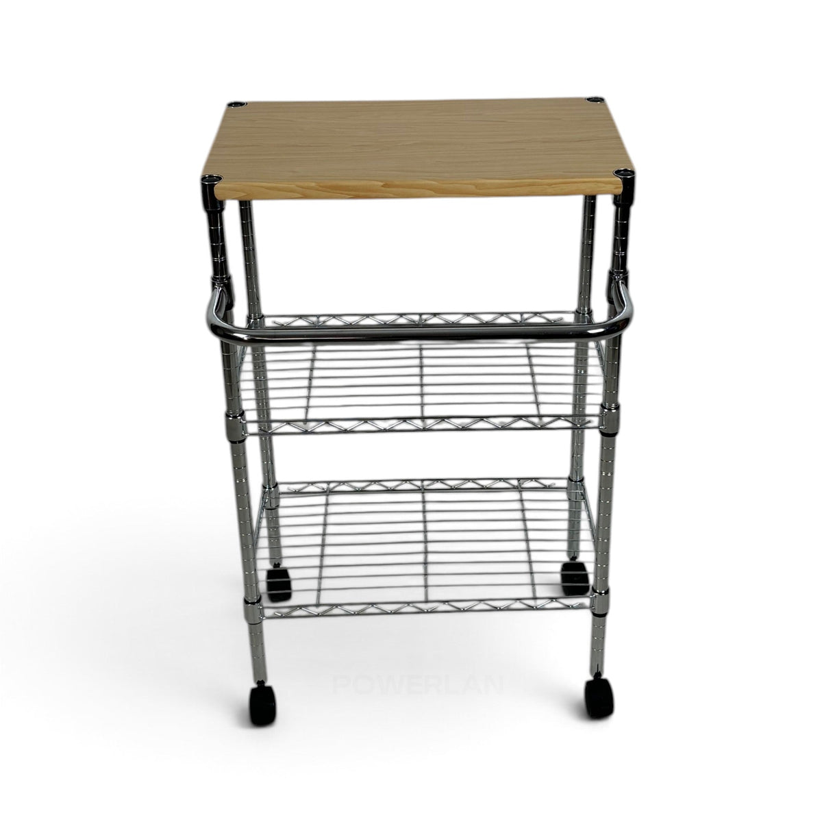 Metallika Carrello Modulare in Acciaio Cromato con Ruote, Piano in Legno e 2 Ripiani