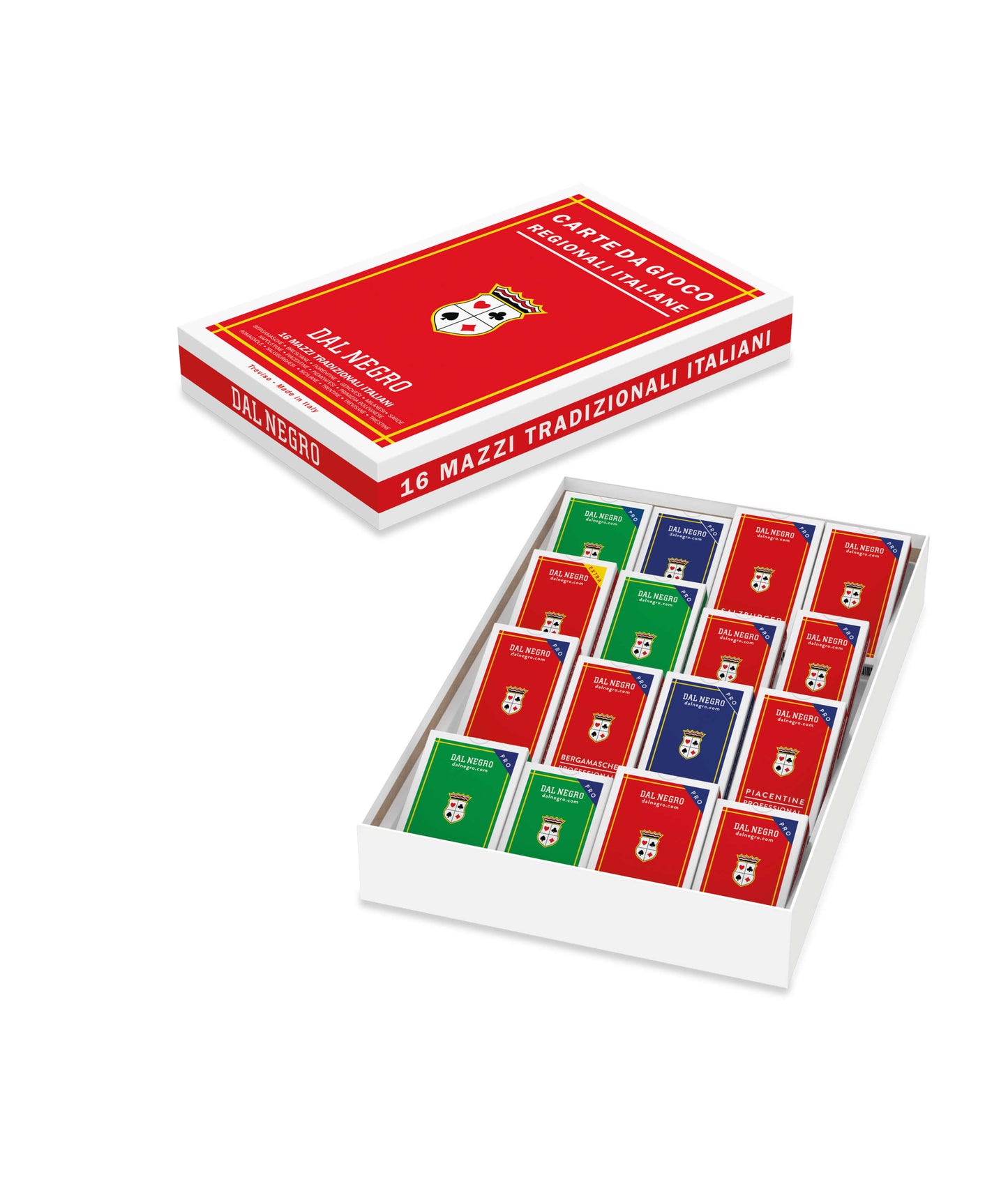 Cofanetto Dal Negro con 16 mazzi di carte regionali italiane in PVC con astucci