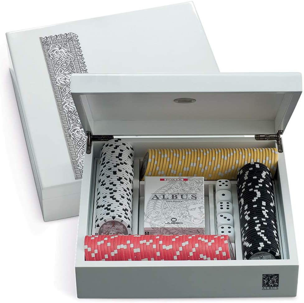 Juego Albus Unicorno confezione legno laccato bianco carte poker dadi 176 fiches personalizzate