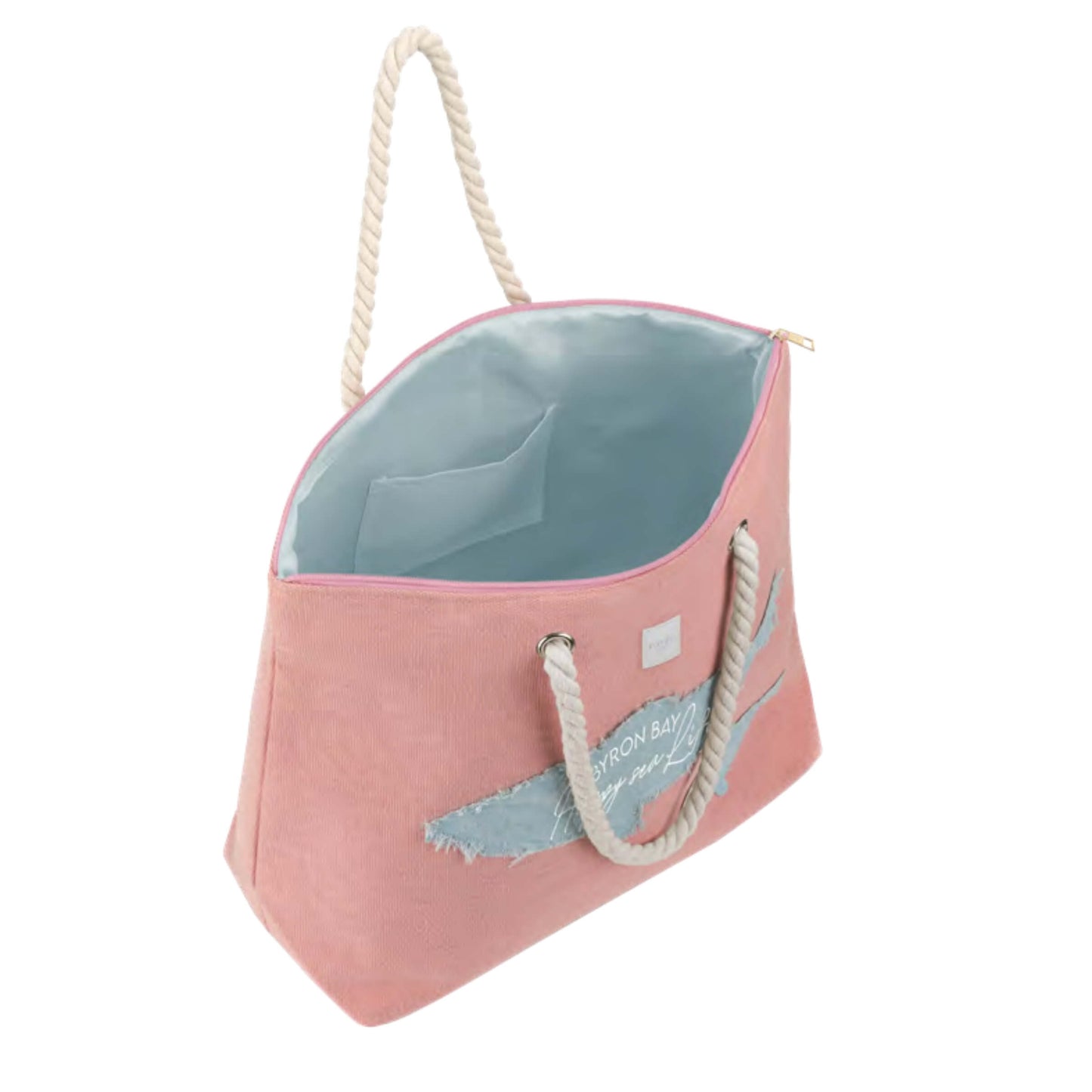 Borsa canvas rosa dettaglio applicazioni pesce denim azzurro sfrangiato design estivo