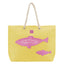 Borsa mare in canvas gialla con applicazioni a pesci in tessuto rosa sfrangiato chiusura zip