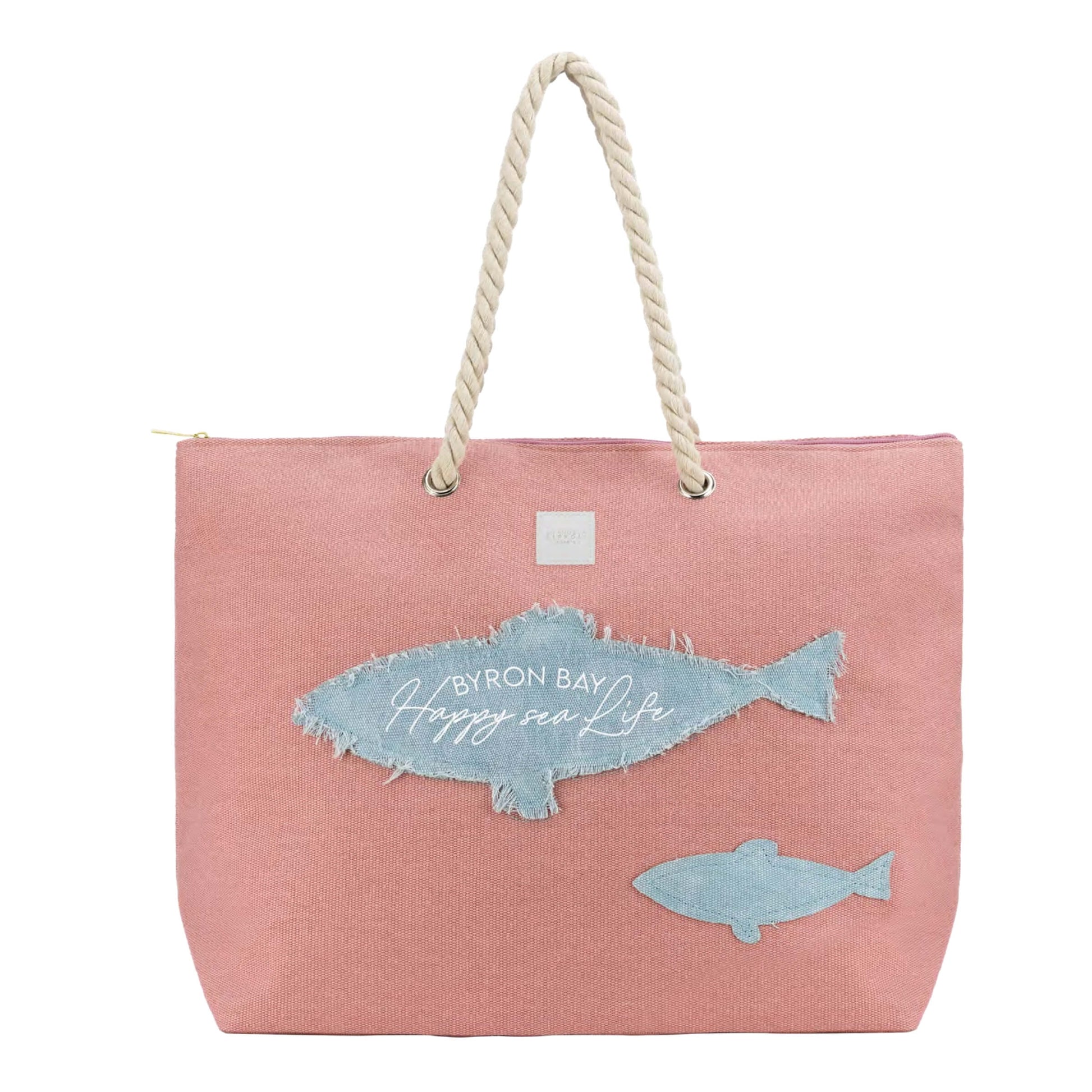 Borsa mare in canvas rosa con applicazioni a pesci in denim sfrangiato azzurro design marino